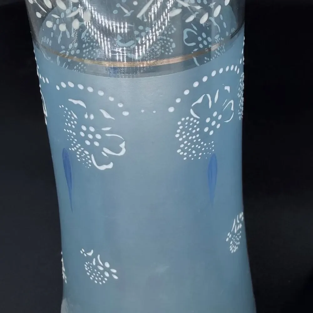 Elegant Vintage Light Blue Frosted Painted Glass Vases Set White Red Floral